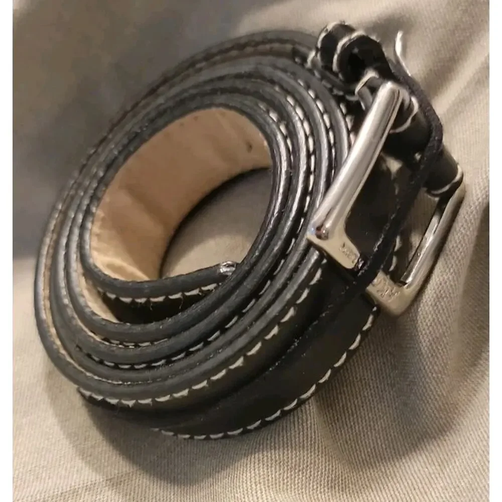 Anne Klein Black Leather Belt Silver Tone Buckle Contrast Stitch Size Medium